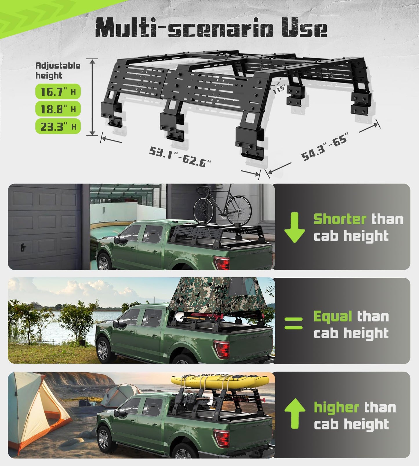 StarONE Truck Bed Rack Adjustable Height 16.7"/18.8"/23.3",Overland Bed Rack for Full-Size Trucks Without Bed Rails-Fit for Ford F-150,Dodge Ram 1500,Silverado 1500,Gmc Sierra 1500