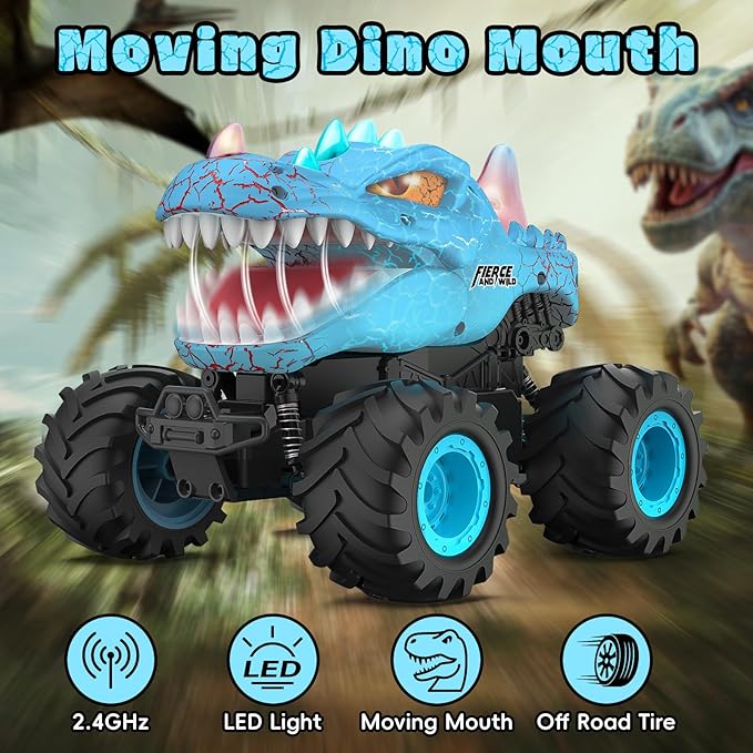 Dinosaur Remote Control Car 2.4GHz Monster Truck Toys Rechargeable RC Cars 1:24 Scale RC Truck with LED Light Movable Mouth Dinosaur Cars Toys for Kids Boys 6-8 8-12 Birthday Gift Blue