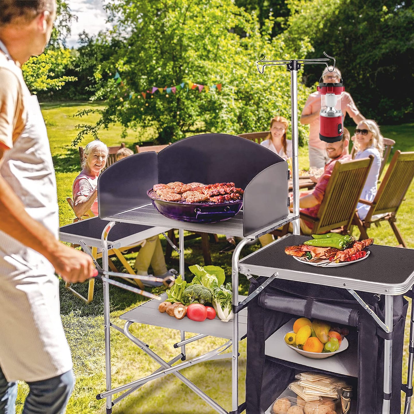 CampLand Folding Camping Kitchen Table with Windscreen,Portable Outdoor Cooking Station with Storage Cabinet & Side Tables Heavy Duty Camp Cook Station for Camping & BBQ (Black)