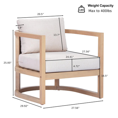 Merax Outdoor Acacia Wood Club Chair wtih Cushions, Patio Sofa Armchair with Rattan-Woven Back, Sturdy Base for Porch, Lawn, Backyard, Balcony, Light Teak