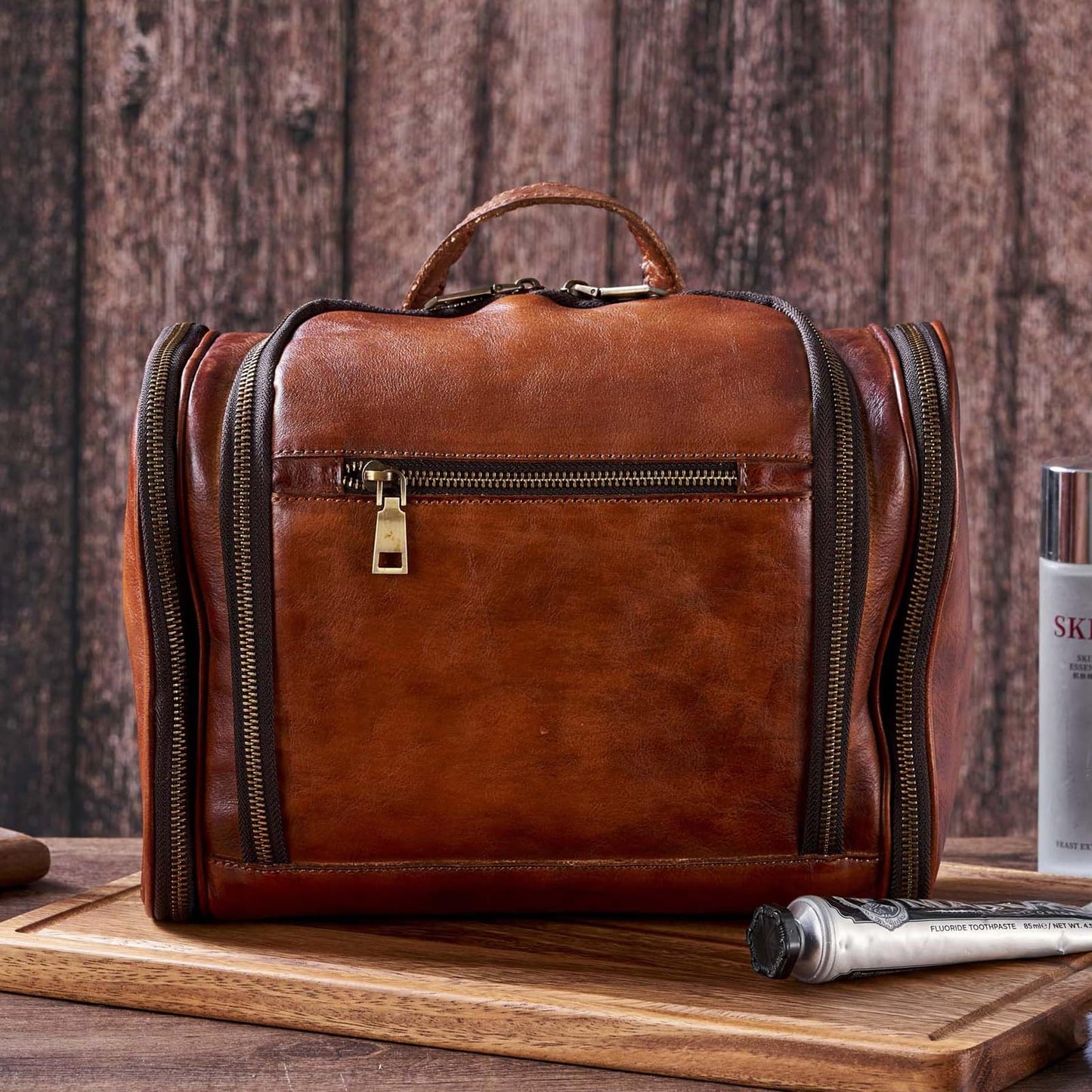 RC ROCKCOW Toiletry Bag For Men, Genuine Leather Toiletries Organizer, Large Travel Hanging Toiletry Bag Water-resistant Bathroom Shaving Kit for Cosmetics, Makeup Case Travel Dopp Kit
