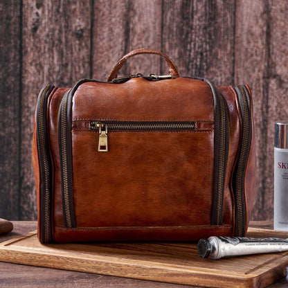 RC ROCKCOW Toiletry Bag For Men, Genuine Leather Toiletries Organizer, Large Travel Hanging Toiletry Bag Water-resistant Bathroom Shaving Kit for Cosmetics, Makeup Case Travel Dopp Kit
