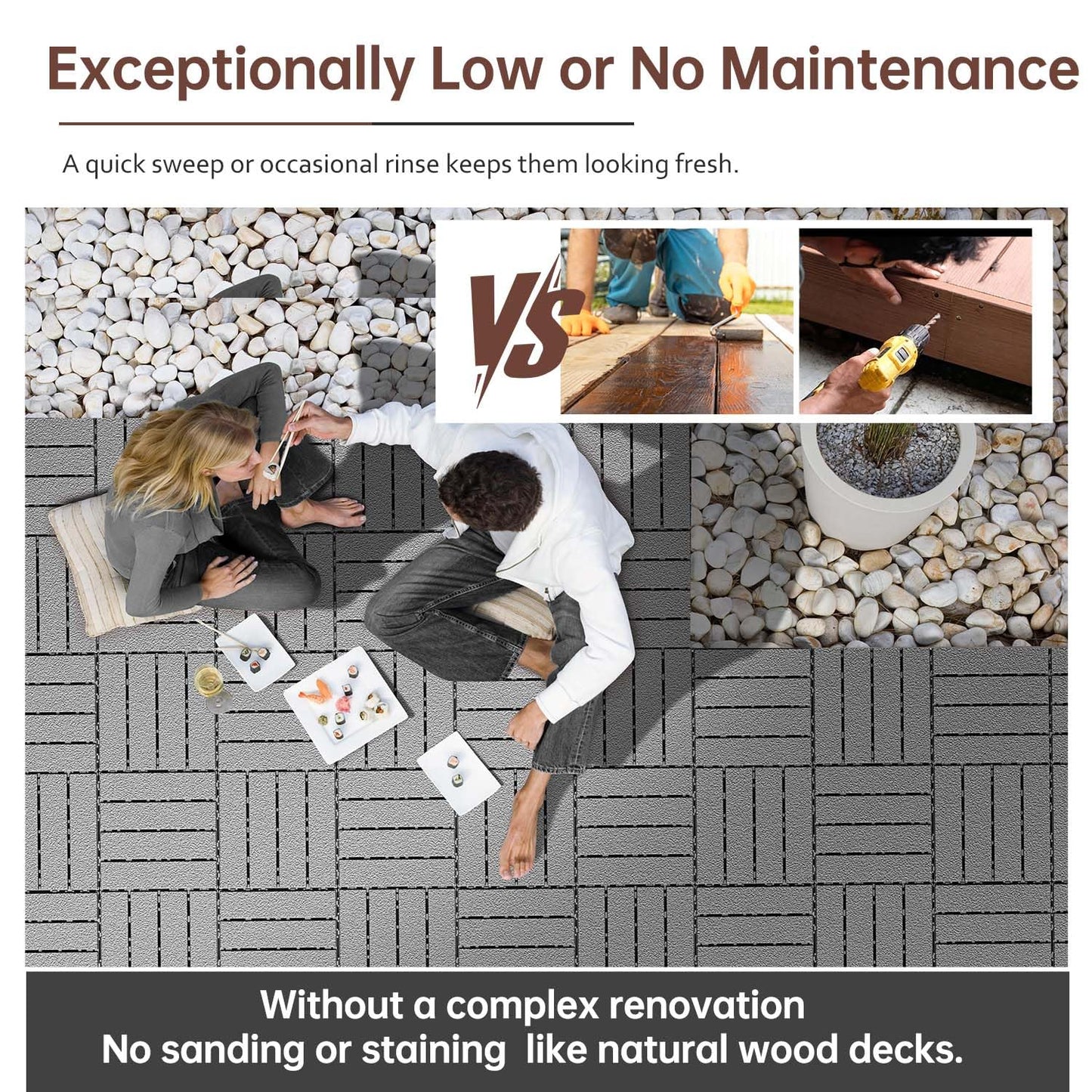 EchoDeck Interlocking Deck Tiles,44 Pack Patio Tiles Outdoor Interlocking All Weather,Patio Deck Tiles,12"x12",Woodgrain,Sturdy Base,Highly Durable,Stylish,Non-Slip,Faster-Drying,Efficient,Dark Grey