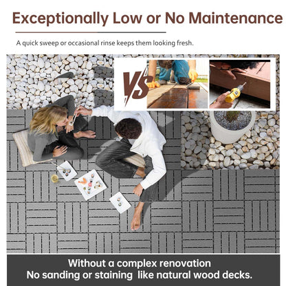 EchoDeck Interlocking Deck Tiles,44 Pack Patio Tiles Outdoor Interlocking All Weather,Patio Deck Tiles,12"x12",Woodgrain,Sturdy Base,Highly Durable,Stylish,Non-Slip,Faster-Drying,Efficient,Dark Grey
