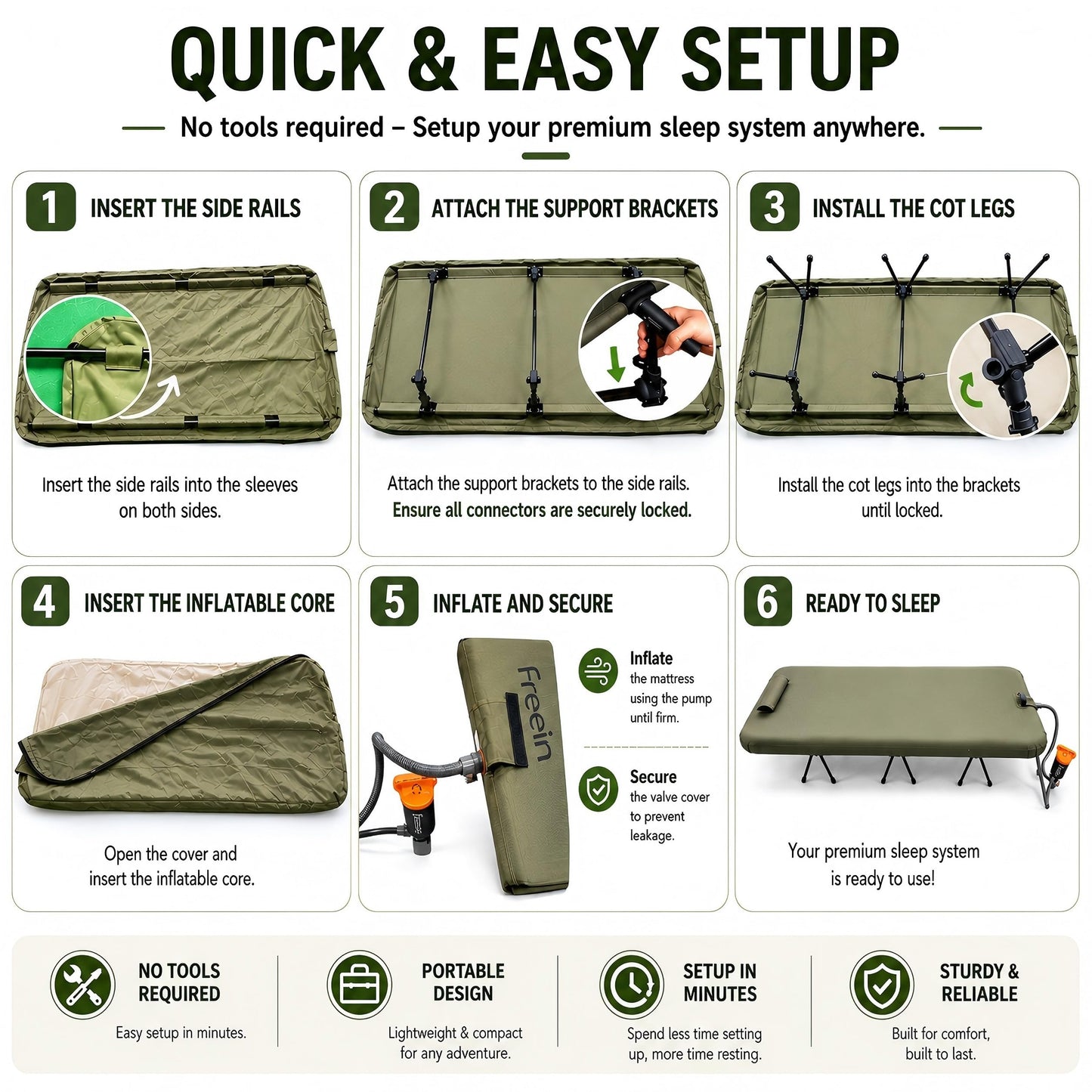 Freein Double Camping Cot with 7 PSI Inflatable Mattress Combo, Queen Size Modular 2-in-1 Sleep System, Dual-Height Adjustable, 16-Point Stable Frame Supports 820lbs, Portable SUV & Tent Bed