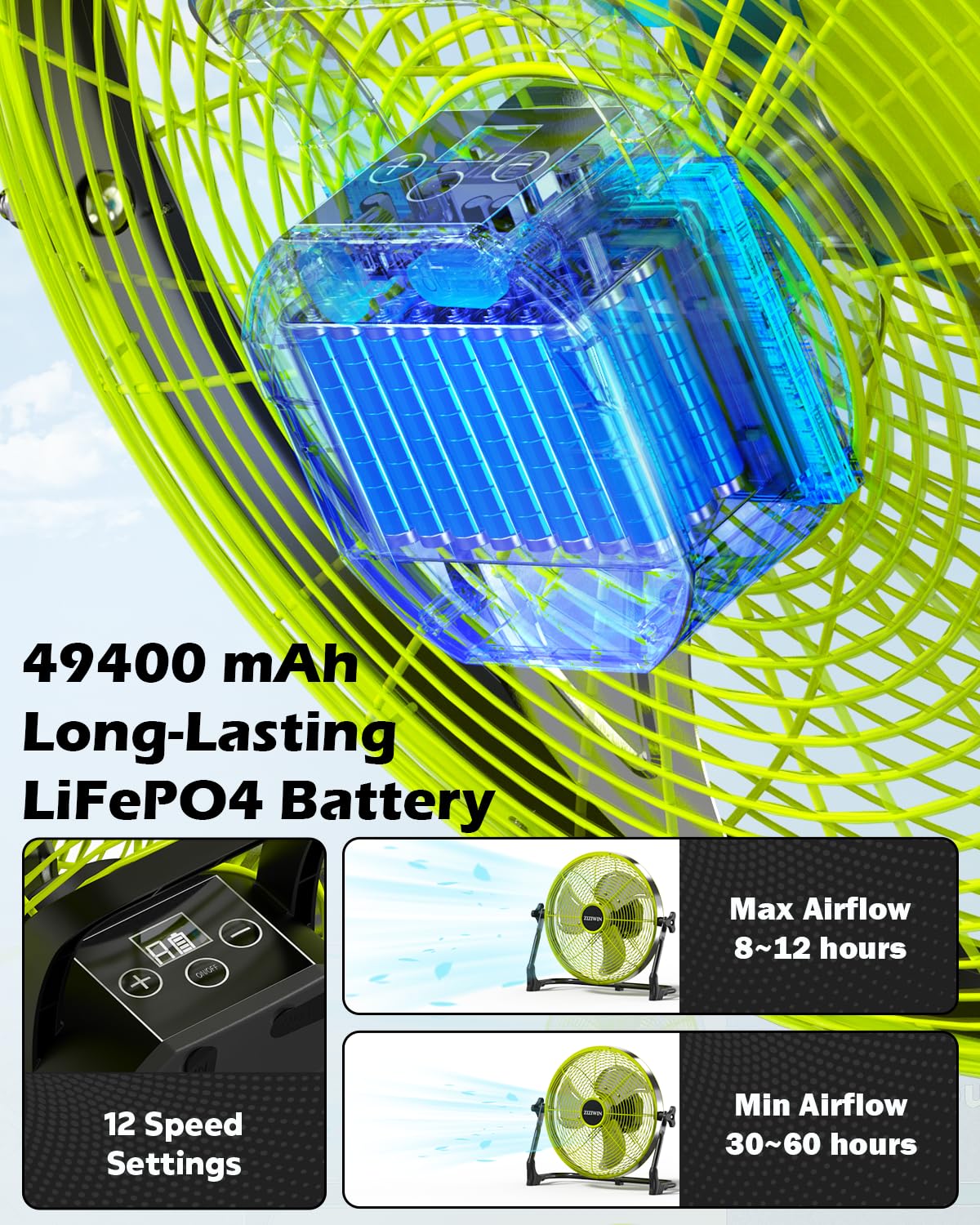ZIZIWIN 18" Solar Fan, 35W Solar Powered Cordless Greenhouse Fan with Rechargeable Battrey, Portable, 360° Tilt, 8~60H Runtime, for Outdoor Camping Gazebo Chicken Coop Patio Travel Shed Barn
