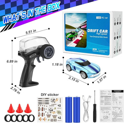 RC Drift Car 1/64 Mini Drift RC Cars 4WD Micro Remote Control Car with LED Lights and Speed Switch Ideal Birthday Cars Toys for Adults Kids Boys Age 6 7 8-12 Blue