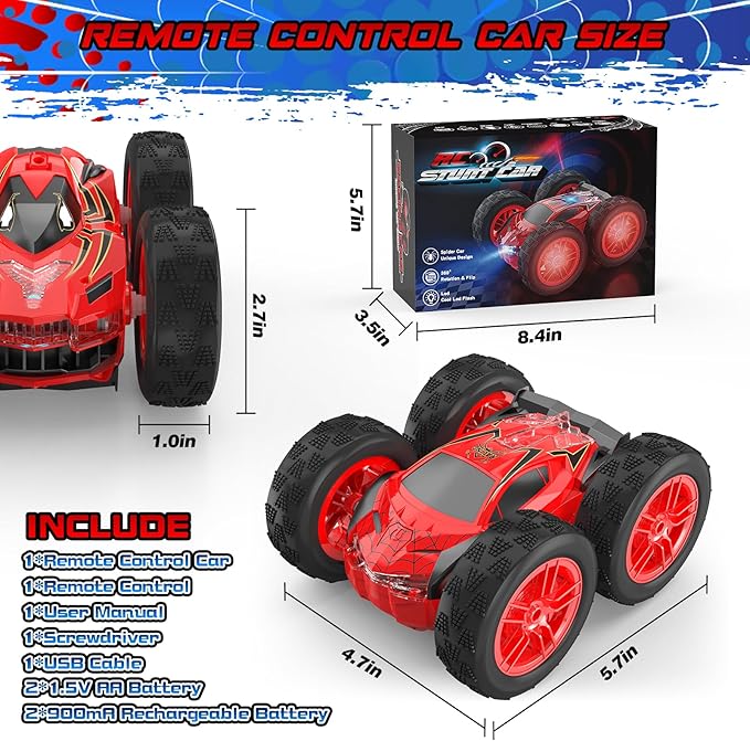 Remote Control Car for Kids RC Stunt Cars Toys for Boys Ages 4-7 with Cool Double-Sided Pattern and LED Flash 1:24 Vehicle Toy Car Hobby Racing Car Toys Gift for 3 4 5 6 7 8 9 Year Old Boys