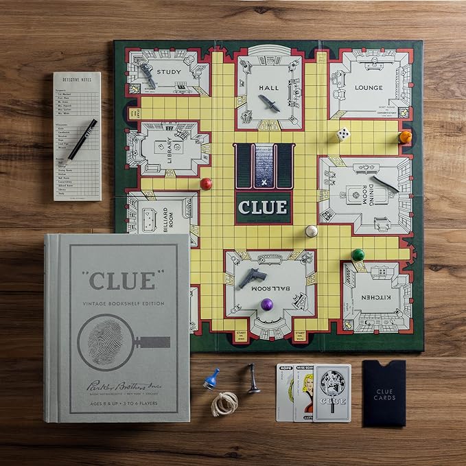 WS Game Company Clue Vintage Bookshelf Edition Board Game Linen Fabric Book Box Die-Cast Weapons &amp Wood Movers 1949 Retro Design Clue Board Games for Kids Adults &amp Family Ages 8+