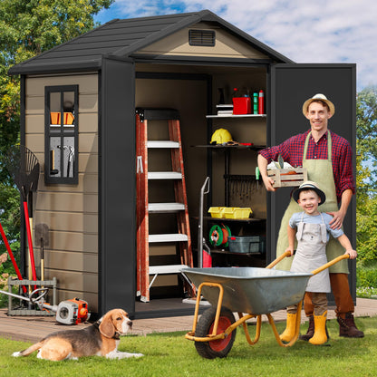 DWVO 6x4 FT Storage Shed Plastic, Outdoor Storage Shed with Lockable Door, Window and Vents, Waterproof Tool Storage for Garden, Backyard, Patio, Lawn, Brown