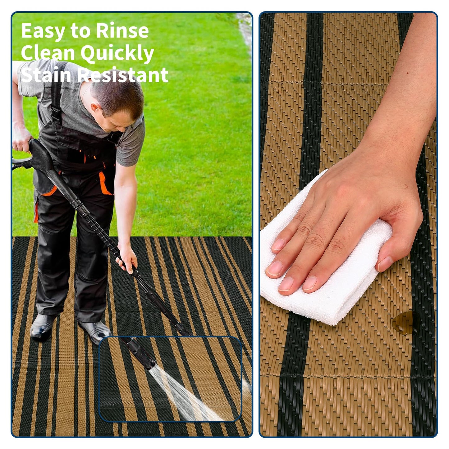 LUXLOOM Outdoor Plastic Straw Rug 9x18 Large Washable Floor Mat Modern Lines Waterproof Rug for Patio Reversible Rugs for Outdoors RV Beach Patio Camping Backyard Deck Picnic Outside Black Brown