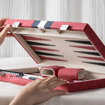 15inch Backgammon Sets for Adults Classic Board Game with Folding Leather Backgammon Case Faux Leather Exterior and Velvet Interior Portable Travel Game Set (Red)