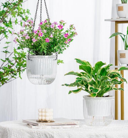 Melphoe 2 Pack Self Watering Hanging Planters Basket Indoor Hanging Flower Pots, 6.5 Inch Outdoor Hanging Plant Pot Basket, with Extra 30 Inch Macrame Plant Hanger for Garden Home Decor