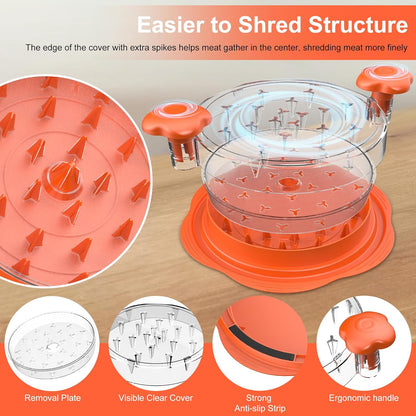 Skiennix Chicken Shredder - Manual Meat Shredder Tool with Transparent Lid & Cleaning Brush | Dishwasher Safe, Orange