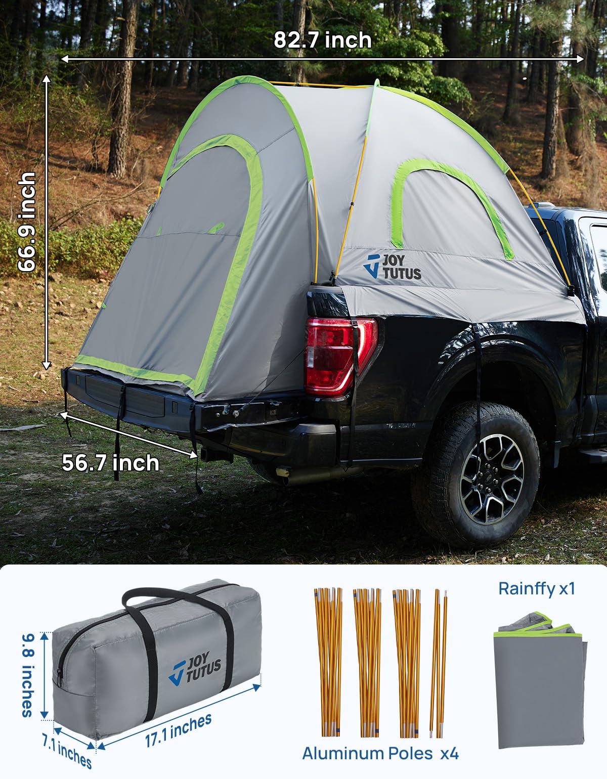 JOYTUTUS Pickup Truck Tent 5ft 2.0, Waterproof PU2000mm Double Layer for 2 Person, Portable Truck Bed Tent with Rainfly, Green, Aluminum Pole