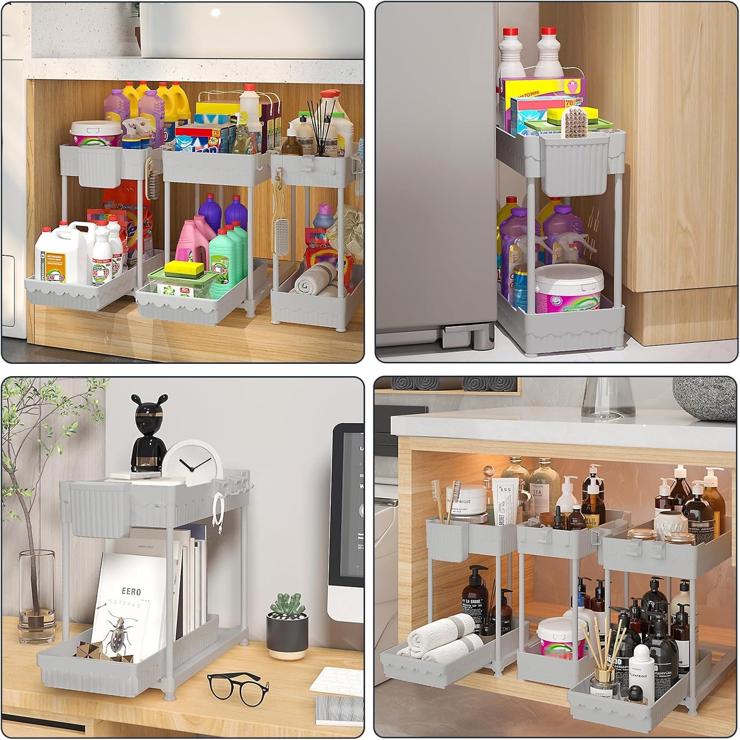 Sevenblue Under Sink Organizers - 2-Tier Kitchen & Bathroom Storage with Sliding Drawers | Gray, 14.8 Inch