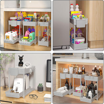 Sevenblue Under Sink Organizers - 2-Tier Kitchen & Bathroom Storage with Sliding Drawers | Gray, 14.8 Inch