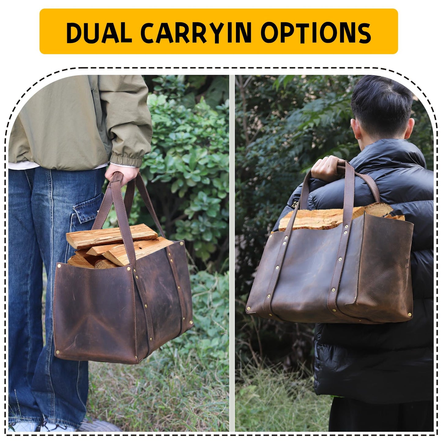 Woodman's Premium Cowhide Leather Log Carrier, Handcrafted Heavy-Duty Firewood Bag for Outdoor Camping, BBQ