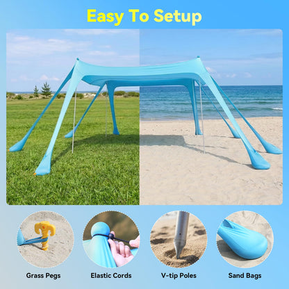 Purebox Beach Tent Sun Shelter - 10x10FT Beach Shade Canopy UPF50+ Protection Easy Setup, with 8 Sandbags, 4 Stability Poles, Sand Shovel, Ground Spikes, Outdoor Shade for Sand, Camping, Fishing