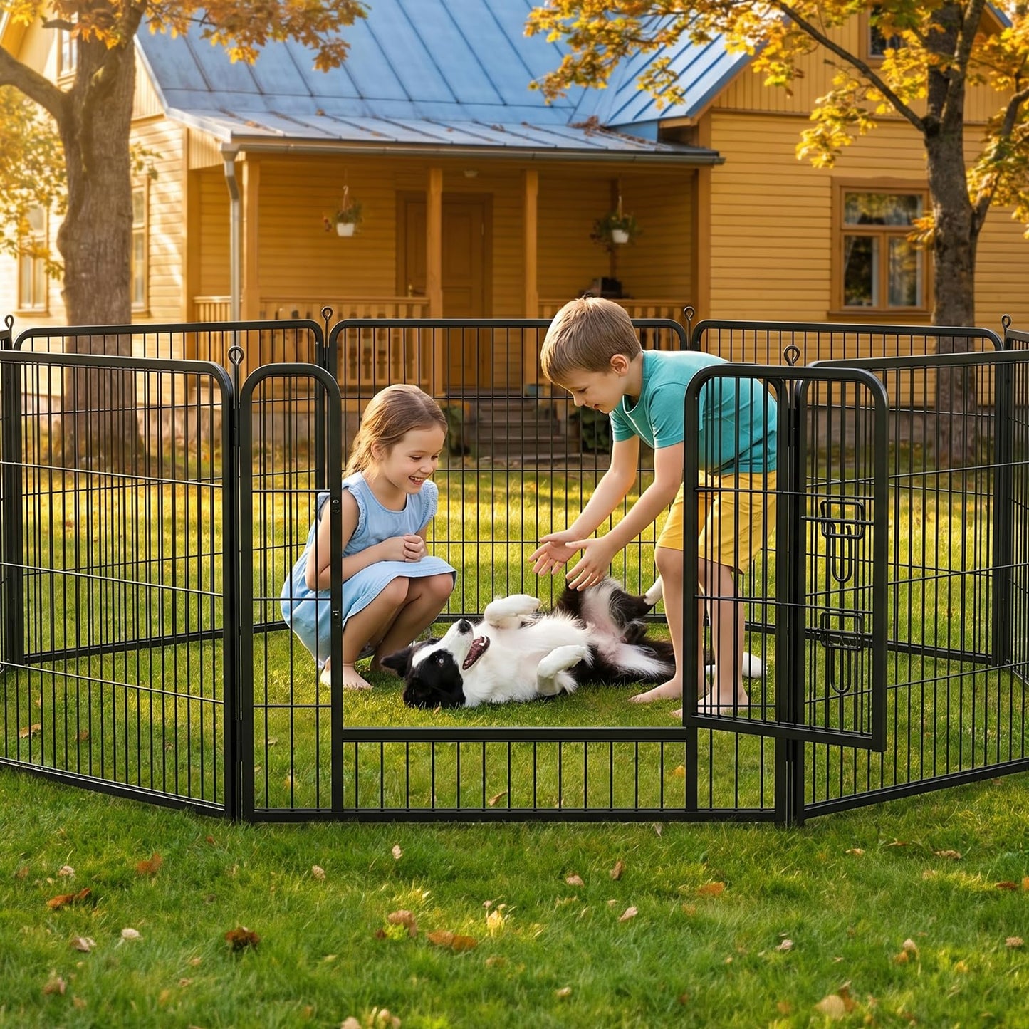 MAKE CHANGES Metal Dog Playpen - 32" Height 8 Panels Foldable Exercise Pen for Dogs Indoor/Outdoor Pen with Door for Pet Animals Portable Pet Playpen Polygon Dog Enclosure (Black)