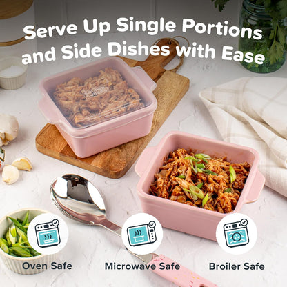 Souper Cubes Stoneware Baking Dishes - Premium 5" x 5" Mini Ceramic Set with Silicone Covers, Cotton Candy