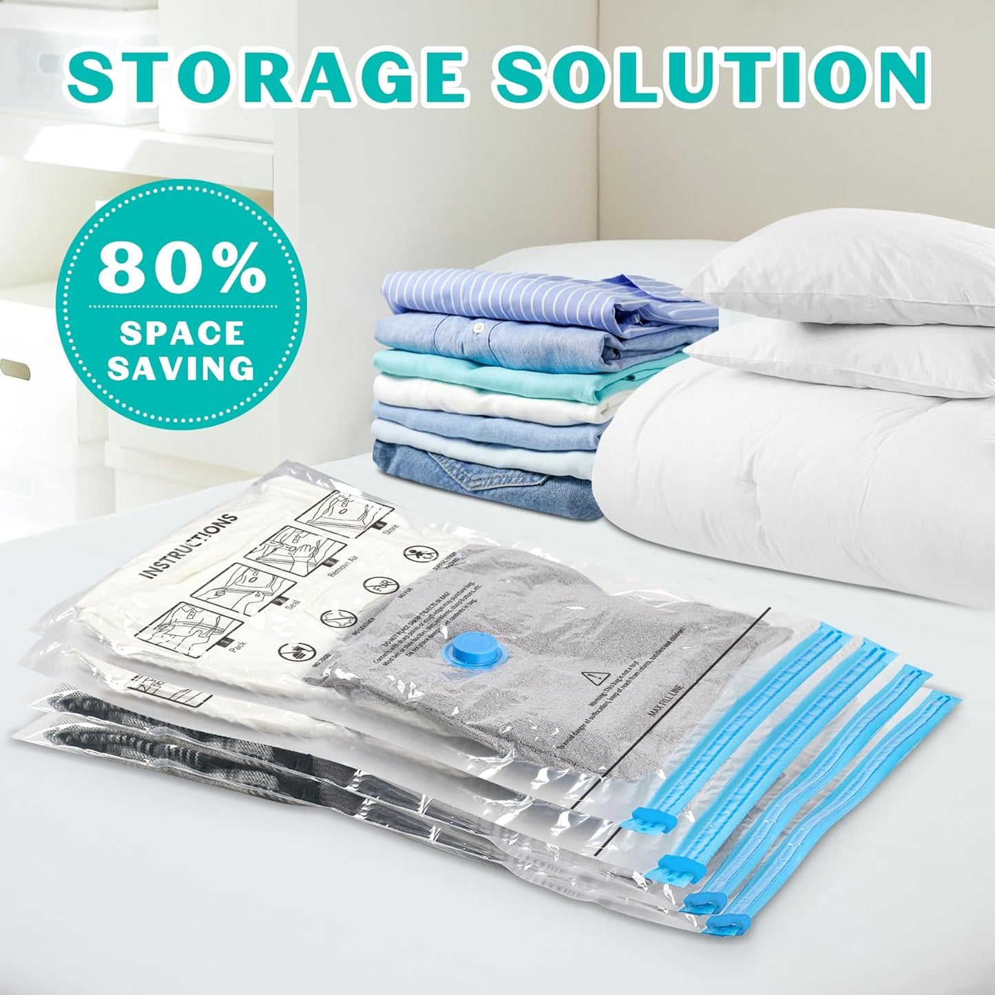 Skiennix Vacuum Seal Bags - 15 Pack Space Saver Storage Bags for Clothing & Travel | Hand Pump Included