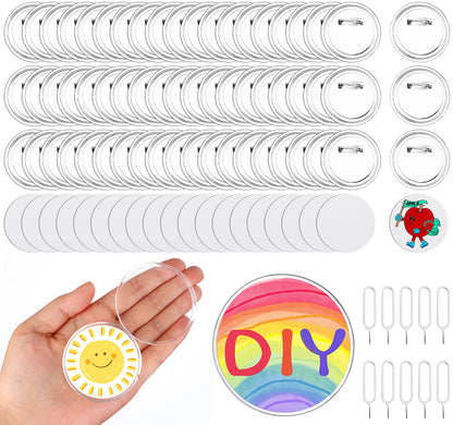 100 Pcs Acrylic Clear Buttons with 100 Paper 10 SIM Card Removal Tool Make Your Own Buttons with Pin Clear Button Pins Acrylic Design Button Badge for DIY Craft School Activities (2.36 in)
