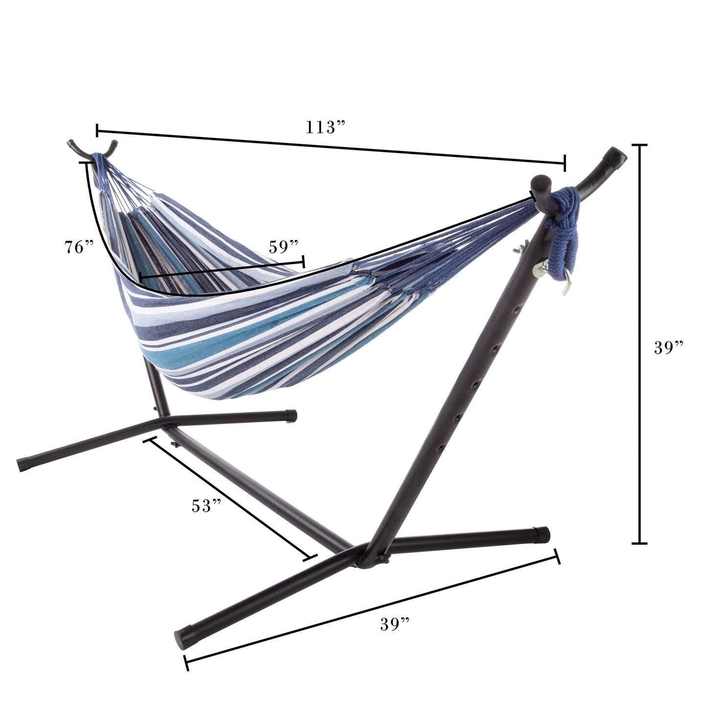 Double Brazilian Hammock with Stand– Woven Cotton, 2-Person, Outdoor Swing with Frame for Camping, Backyard or Patio by Pure Garden (Blue Stripes)
