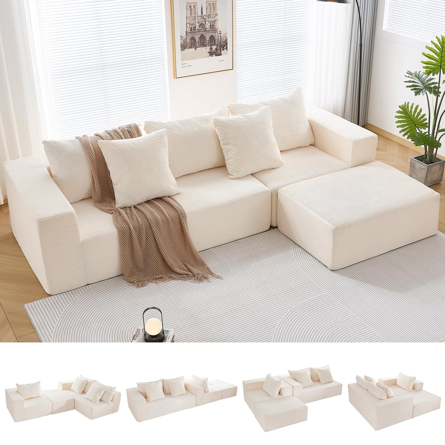 INGEROOM 108" Cloud Sectional Couch with L-Shape Chaise, Modular Sofa Memory Foam, Boneless Sofa with Movable Ottoman, Upholstered Couches for Living Room Bedroom, No Assembly Required, Beige