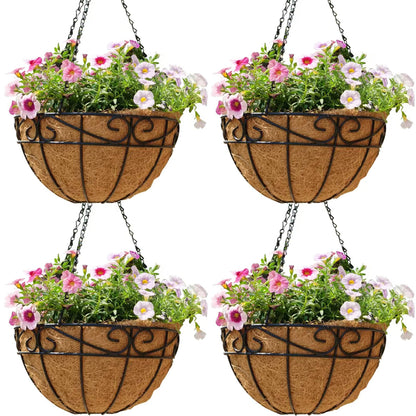 SMYAXUNW 14 Inch Hanging Planters (4 Pack) - Round Metal Baskets with Cocoa Liners for Indoor/Outdoor Gardens, Porch & Patio Decor（HB）