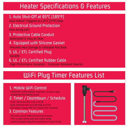 YLboyLIAN 1500W Titanium Immersion Water Heater for Pool & Hot Tub – Portable Electric Submersible Heater with Temp Control, Auto Shut-Off &WiFi Timer for Spa, Bathtub, Above Ground Pool and Baptistry