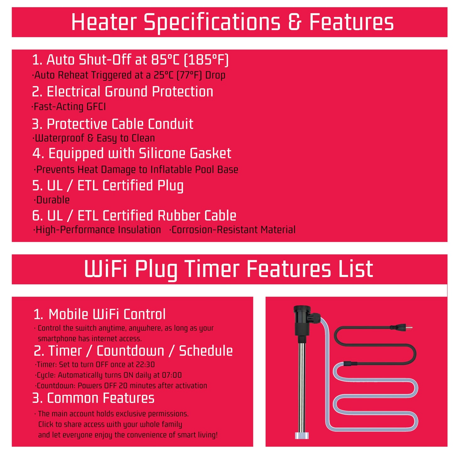 YLboyLIAN 2000W Immersion Water Heater for Pool & Hot Tub – Portable Electric Submersible Heater with Temp Control, Auto Shut-Off and WiFi Timer for Above Ground Pool, Bathtub, and Baptismal pool