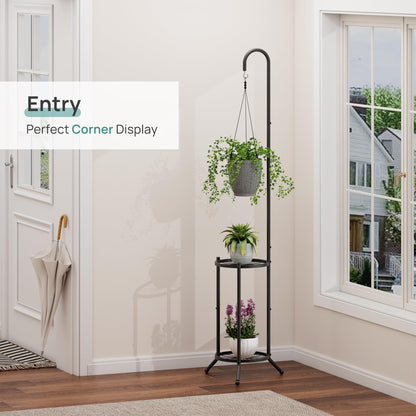 2-Tier Hanging Plant Stand, Heavy Duty Metal Planter Rack - Space Saving Indoor/Outdoor Shelves with 41" Hanging Space - Display Multiple Flower Pots, Tall Iron Plant Organizer for Living Room, Patio & Garden