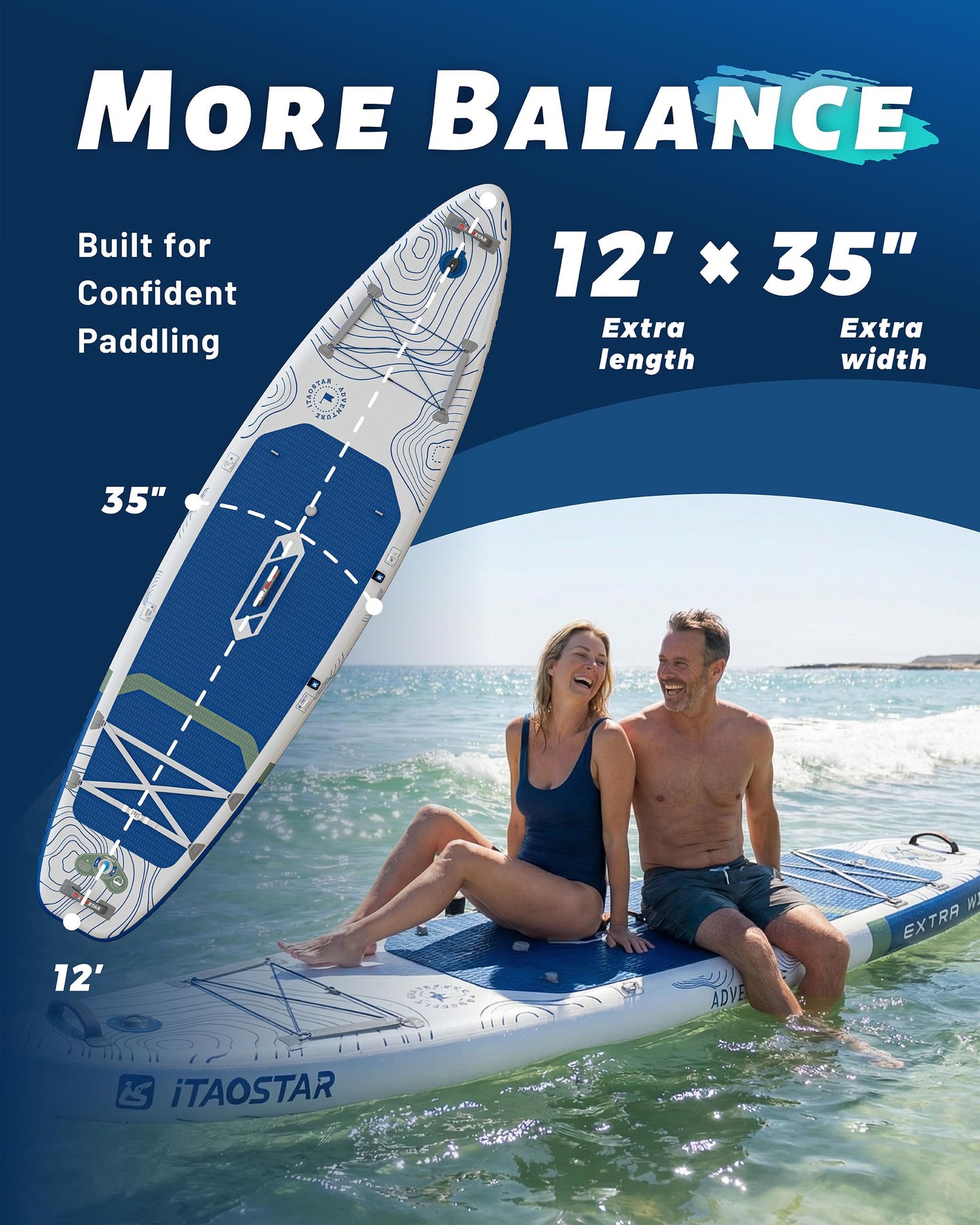 iTAOSTAR Adventure 12' × 35" Inflatable Stand Up Paddle Board with Seat, Extra Wide SUP Board with 5 Fins Stable Design for Adults, Youth, All Skill Levels, Lakes, Oceans & Fishing