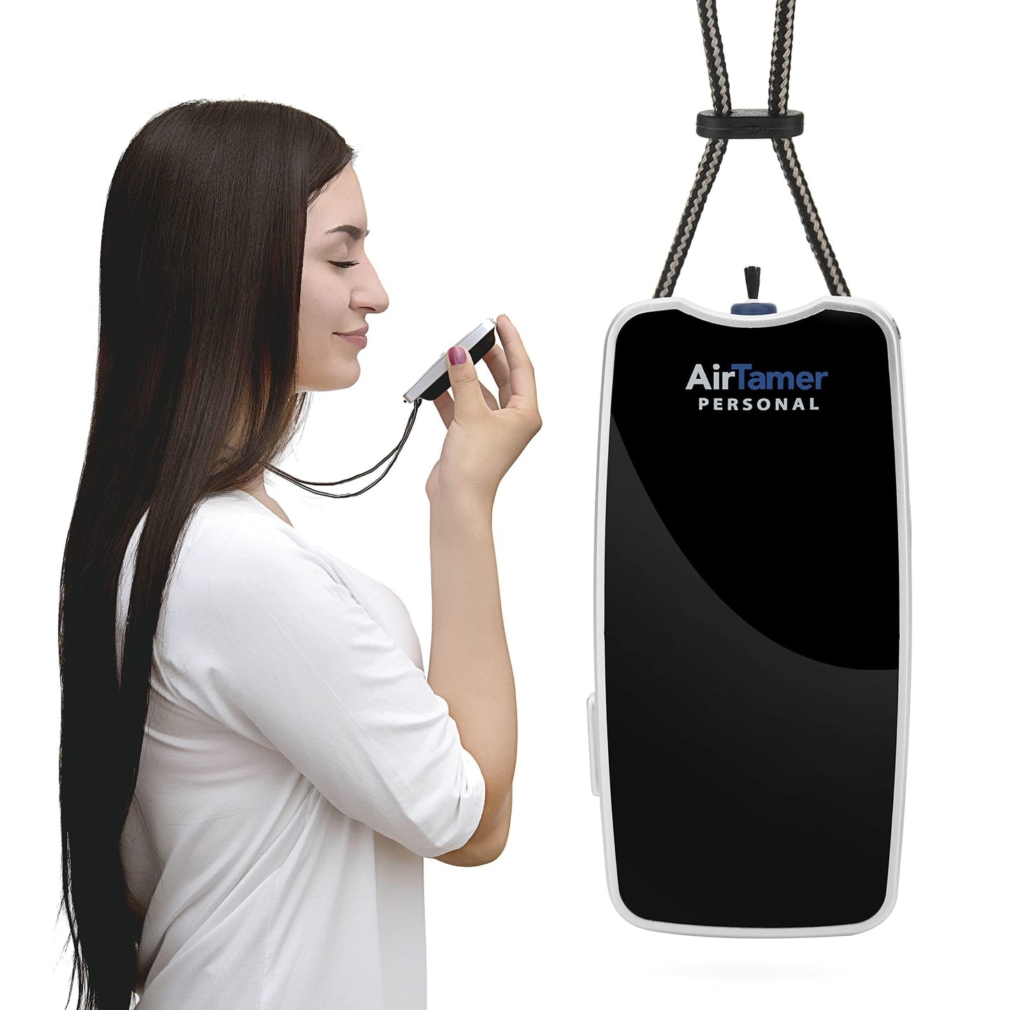 AirTamer A310 Personal Air Purifier Necklace – Rechargeable Wearable Air Cleaner for Travel, Office & Everyday Use - Silent, Lightweight, Black with Metal Case
