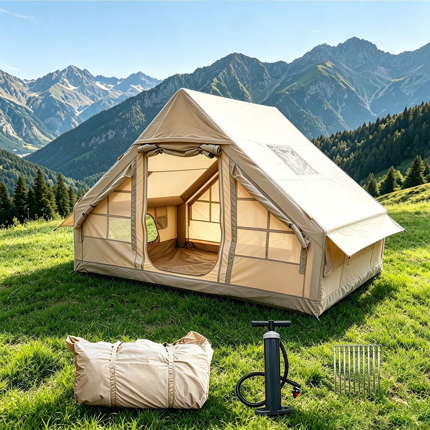 Inflatable Camping Tents with Hand Pump, Air Glamping Tents, Easy Setup Waterproof and Windproof Blow up Tent, 4 Seasons Oxford Cabin Tent with Mesh Window & Stove Jack. (9.8 * 6.9ft)