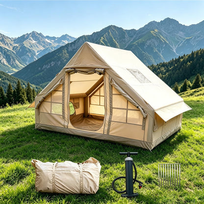 Inflatable Camping Tents with Hand Pump, Air Glamping Tents, Easy Setup Waterproof and Windproof Blow up Tent, 4 Seasons Oxford Cabin Tent with Mesh Window & Stove Jack. (9.8 * 6.9ft)
