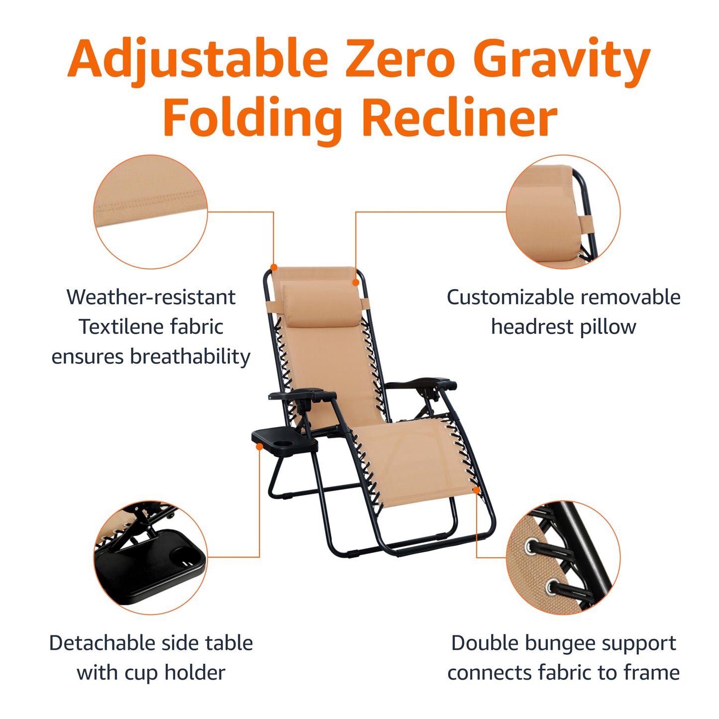 Amazon Basics Outdoor Textilene Adjustable Zero Gravity Folding Reclining Lounge Chair Set with Cup Holder, Side Table, Headrest, Weather-Resistant, 35 x 26 x 43 inches, Beige, 2-Pack
