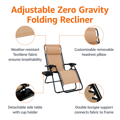 Amazon Basics Outdoor Textilene Adjustable Zero Gravity Folding Reclining Lounge Chair Set with Cup Holder, Side Table, Headrest, Weather-Resistant, 35 x 26 x 43 inches, Beige, 2-Pack