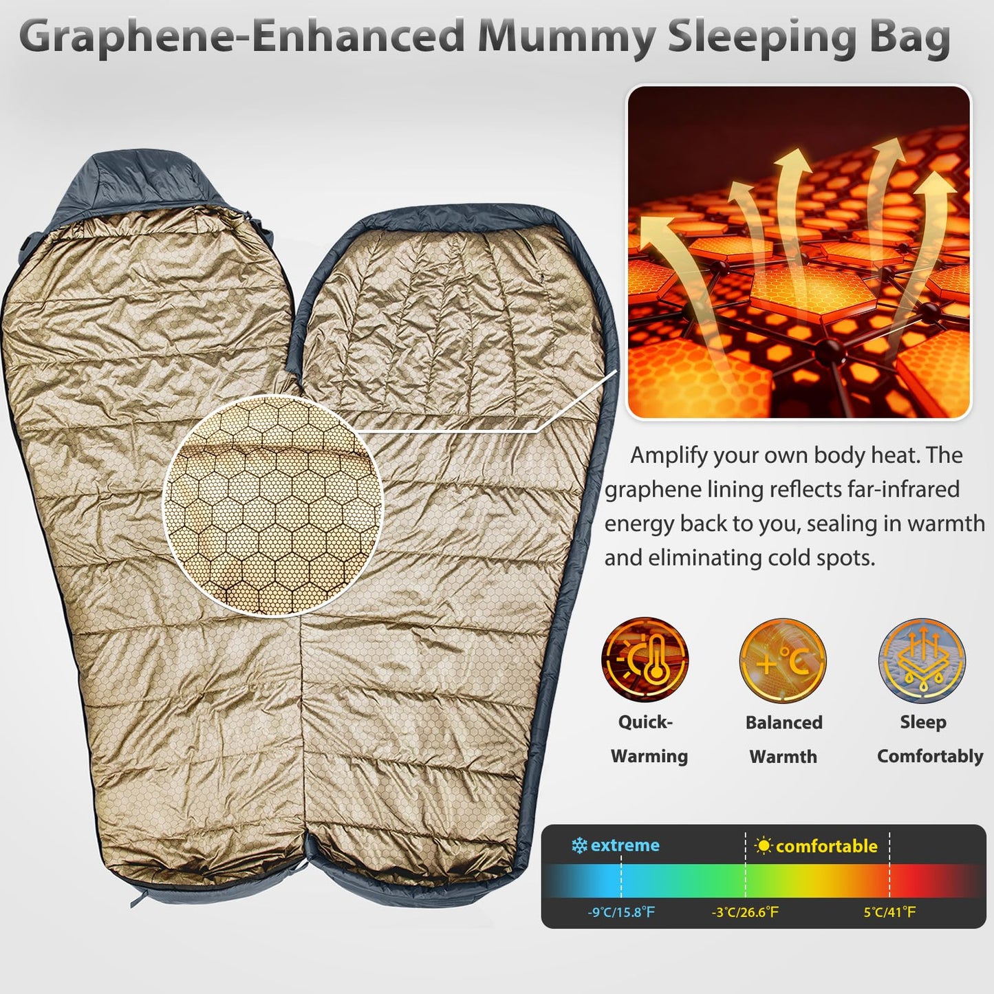 GEERTOP Portable Mummy Sleeping Bag with Graphene Lining for Adults Cold Weather 27°F to 40°F, Lightweight & Water-Resistant, Warm Compact for Camping Backpacking Hiking