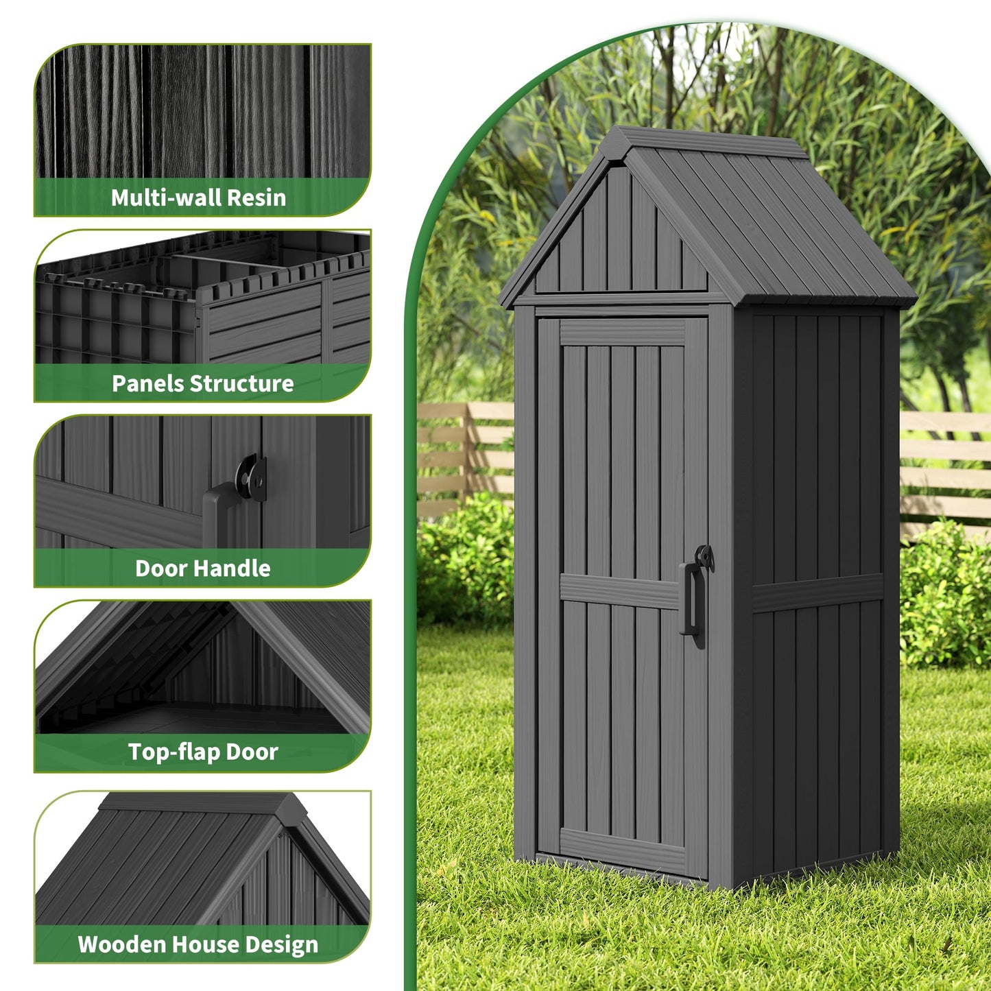 LHBGO Outdoor Storage Shed with Door & Shelf, Large Capacity Weatherproof Garden Tool Cabinet with Multiple Hooks for Backyard, Patio, Lawn（Black