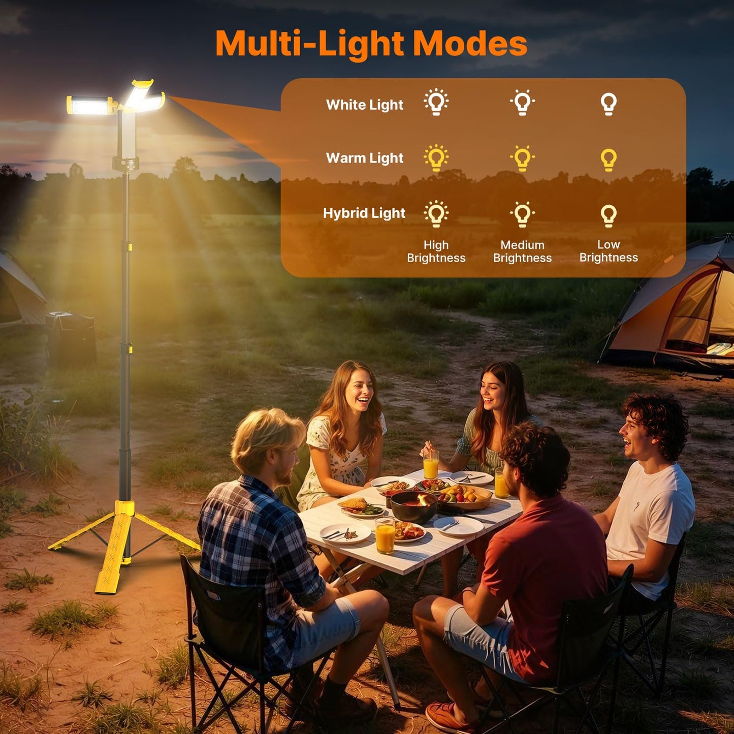 OGERY Camping Lights with Remote, 18000mAh Rechargeable Camping Lantern & LED Work Light, Detachable Tripod Stand up to 6.0 ft, 3 Lamp Heads for Camping Essentials & Emergency, Yellow