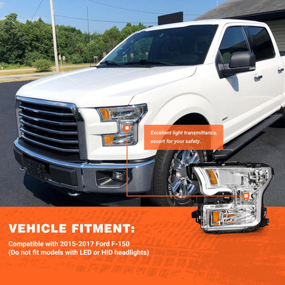 AXLAHA Headlight Assembly for 2015 2016 2017 Ford F150 with Chrome Housing Amber Reflector Driver and Passenger Side (Not compatible on models with LED or HID headlights)