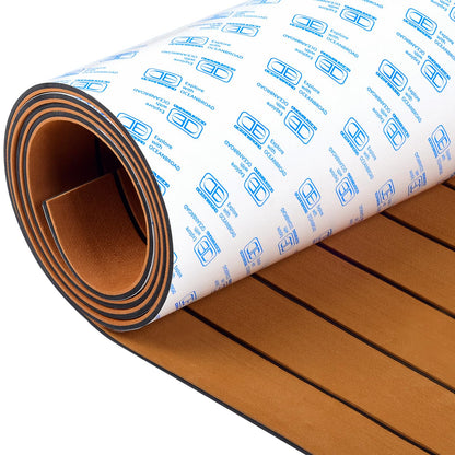 OCEANBROAD Boat Flooring EVA Foam Self-Adhesive 96''x45.6'' Faux Teak Marine Boat Decking Sheet for Jon Boats Yacht Floor, Brown with Black Seam Lines