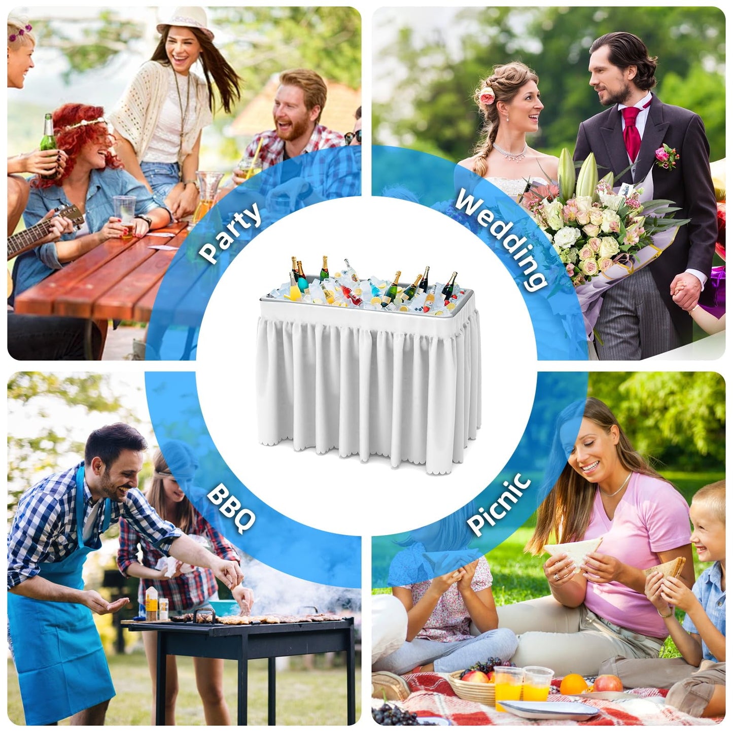 SHAREWIN Folding Ice Cooler Table, Skirt &Drain Hose Plastic Chill Table to Keep Drinks Cool, Portable Foldable Self-Serving Beverage Cooling Bar for Parties, Picnics, Barbecues, Fishing(White