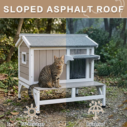 Pawbuilt Outdoor Cat House – Weatherproof Wooden Shelter with Elevated Base, Balcony & Openable Roof, 2-Story Cozy Condo with Built-in Cat Scratch Mat for Small, Feral, or Community Cats