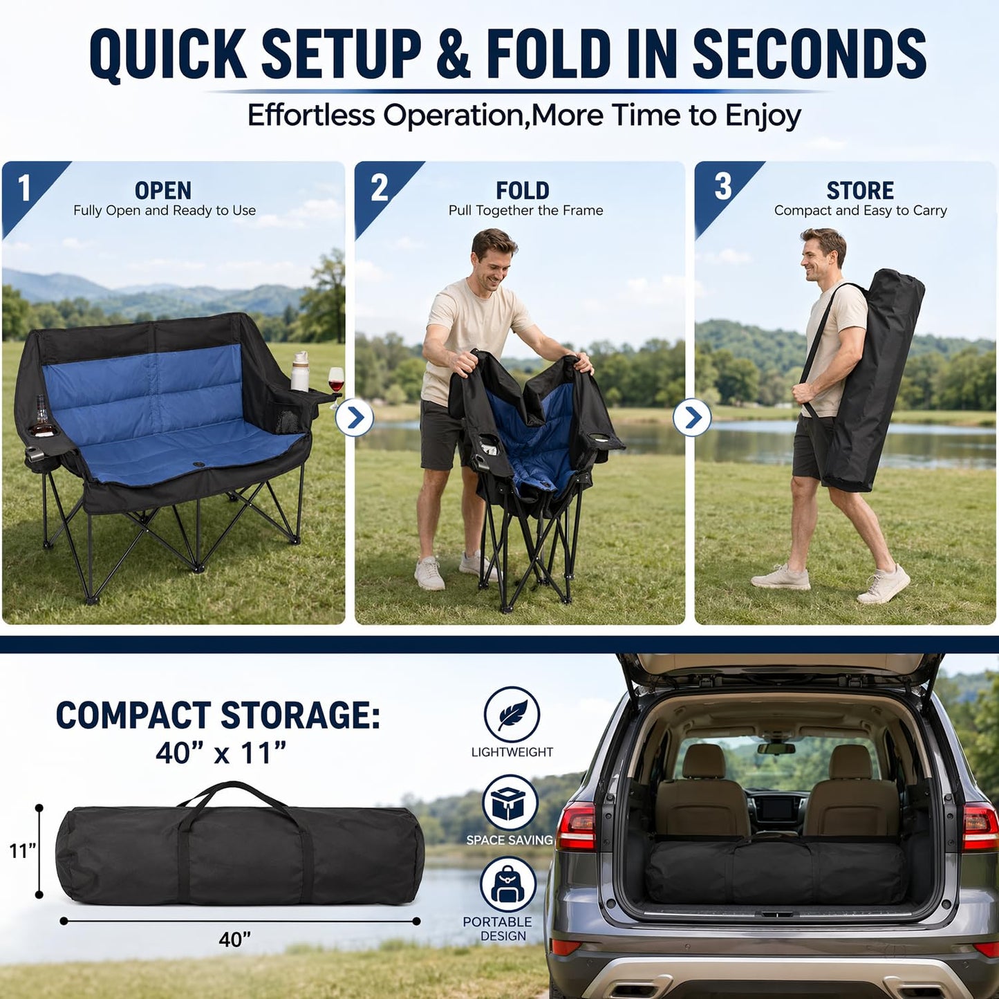 Double Camping Chairs for Adults Folding Loveseat, Heavy Duty Oversized 2 Person Camping Couch Outdoor Portable Folding Chair for Lawn, Patio, Beach