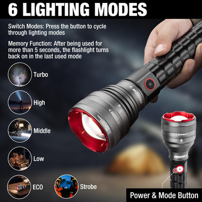 Arrow Rechargeable Flashlights 12000 Lumens, 6 Modes Bright LED Flashlight with Memory Function, IPX7 Waterproof, Zoomable Flash Light with Dual Power Design, USB-C Input Output for Outdoor Emergency