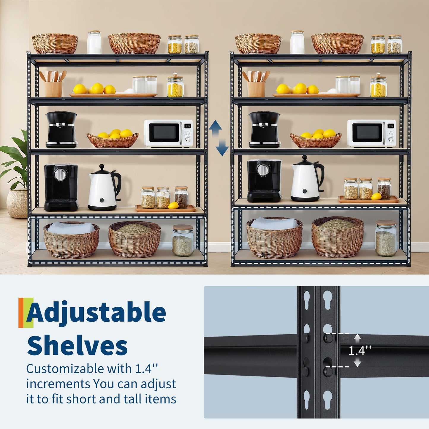 5-Tier Storage Shelving, Adjustable Garage Shelves, Meta Storage Shelving Unit with 3000 LBS Capacity, Steel Wire Rack Shelf Organizer for Garage, Kitchen Pantry Basement, 60 x 24 x 72 inch, Black