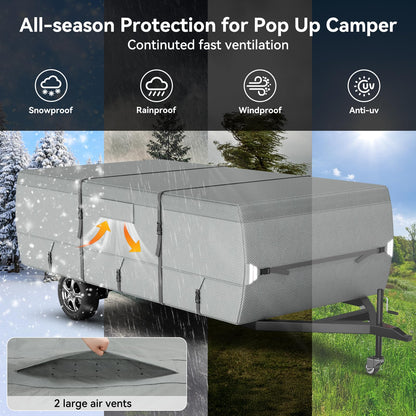 Tuszom 7 Layers Pop Up Camper Cover, Waterproof Folding Camping Trailer Cover for Winter Snow Upgraded Tearproof RV Cover with Windproof 5+2 Straps (7 Layers Non-Woven Fabric, 14'-16' Length), Gray